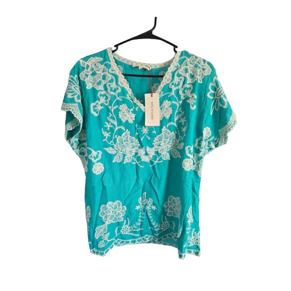 Solitaire Tops - SOLITAIRE Turquoise Blue White Embroidered Floral V-Neck Top NWT Size XL